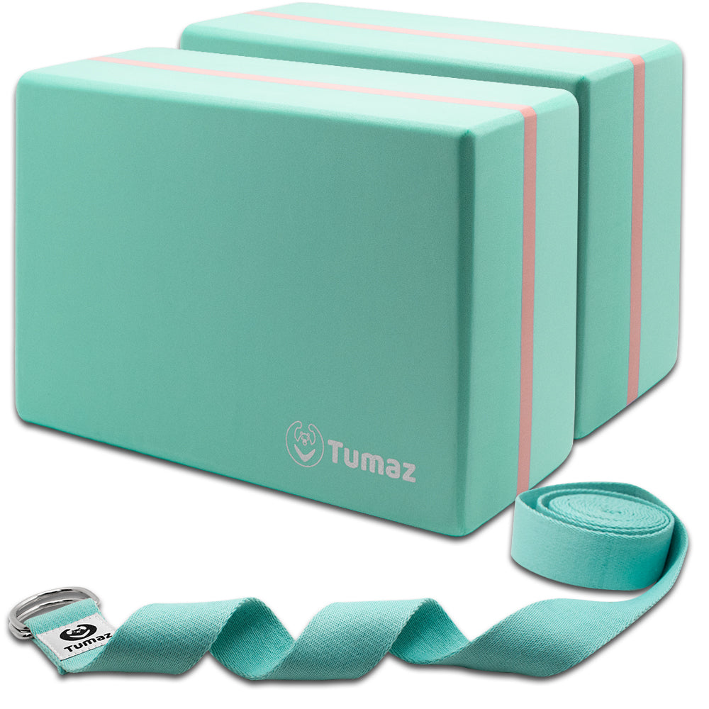 Tumaz Yoga Blocks 2 Pack with Strap, Lightweight Foam Yoga Blocks, Green